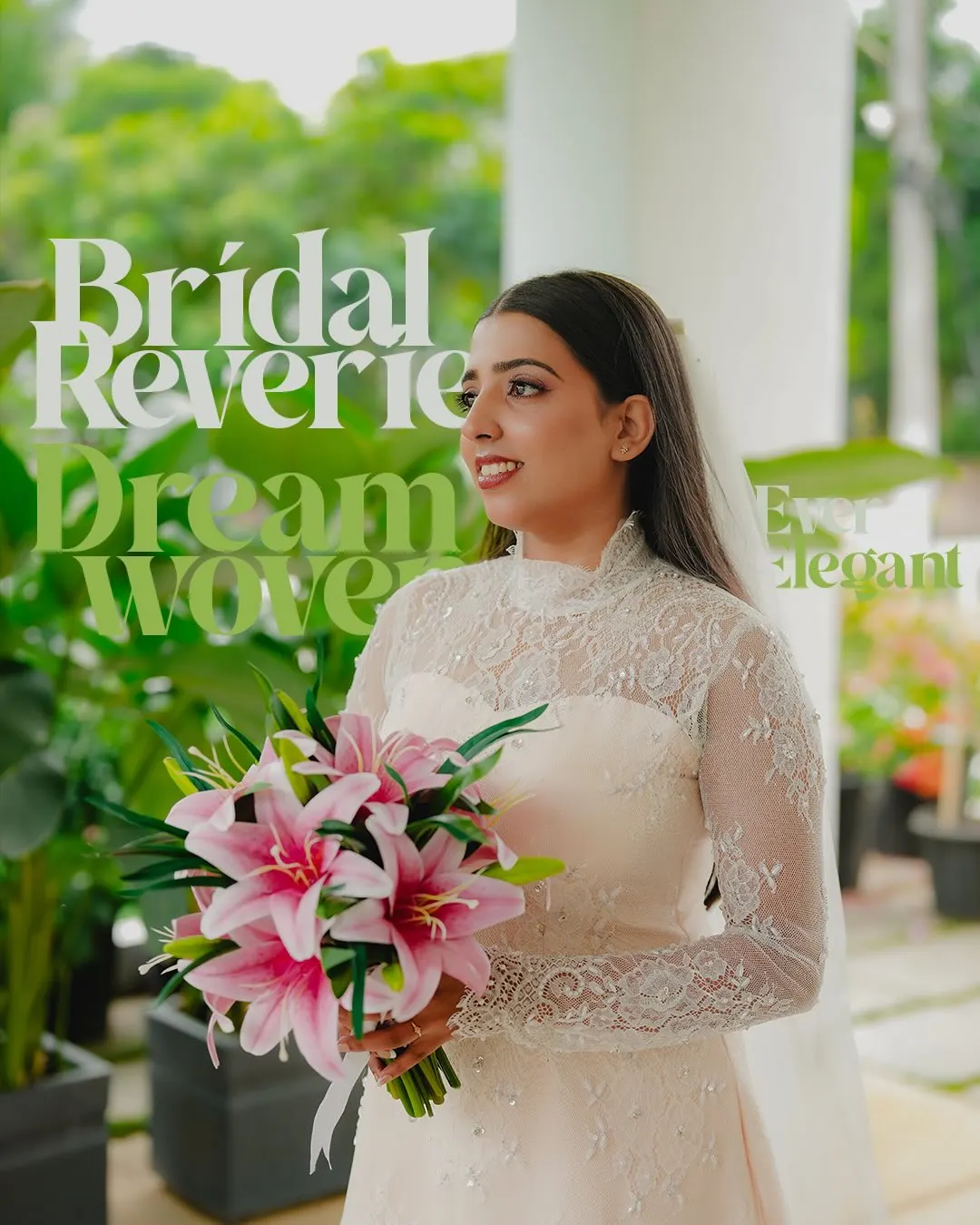 Bride holding a pink bouquet in a garden